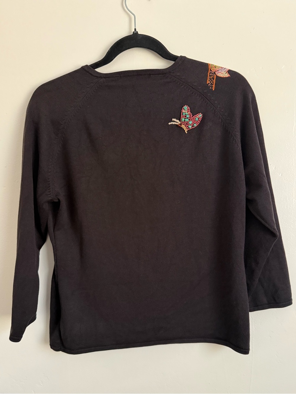 Vintage Michael Simon Black Cardigan w/ Multicolor Beaded Butterflies Size M - Picture 2 of 6